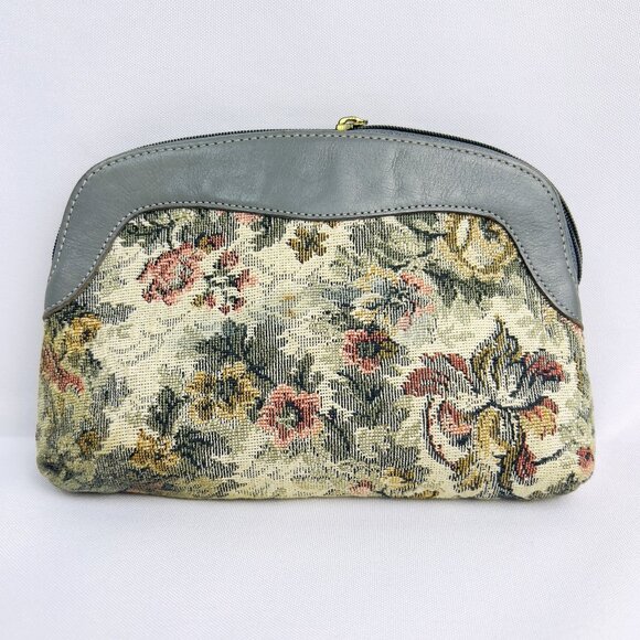 Vintage Floral Tapestry Cosmetic Case Change Purse Gray Leather Trim with Zipper - Picture 1 of 13